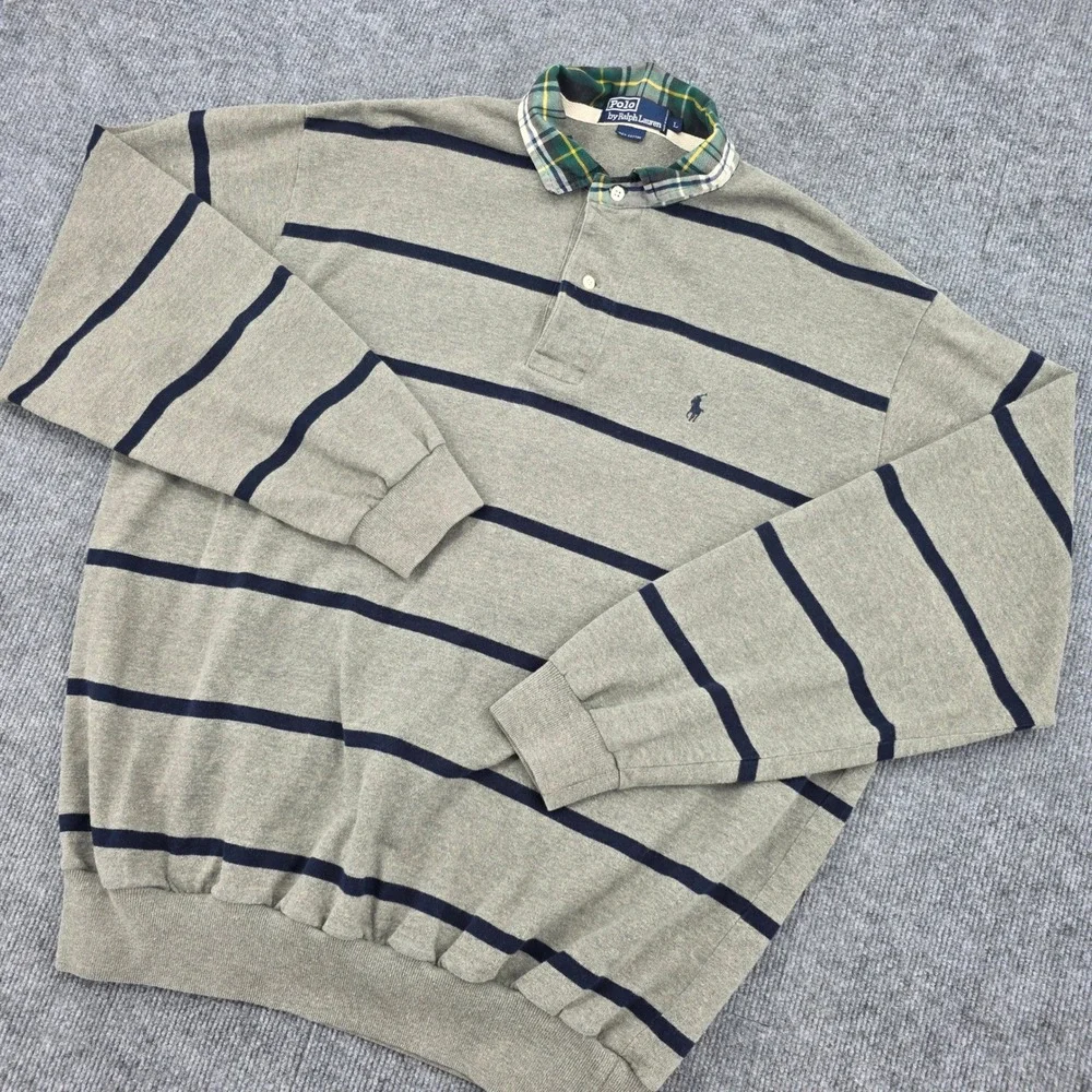 Polo Ralph Lauren Mens Gray Navy Striped Rugby Shirt Plaid Collar Large